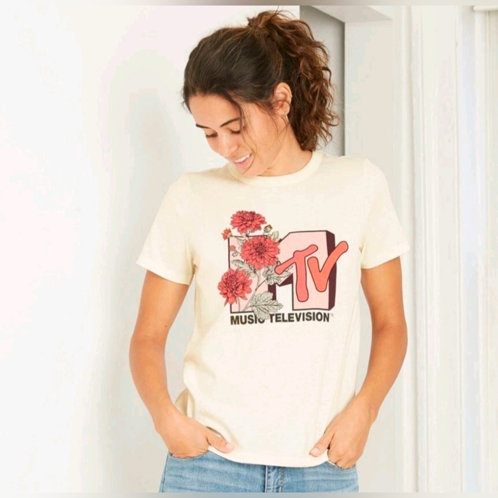 MTV Cream Tee with Pink and Red Floral Design